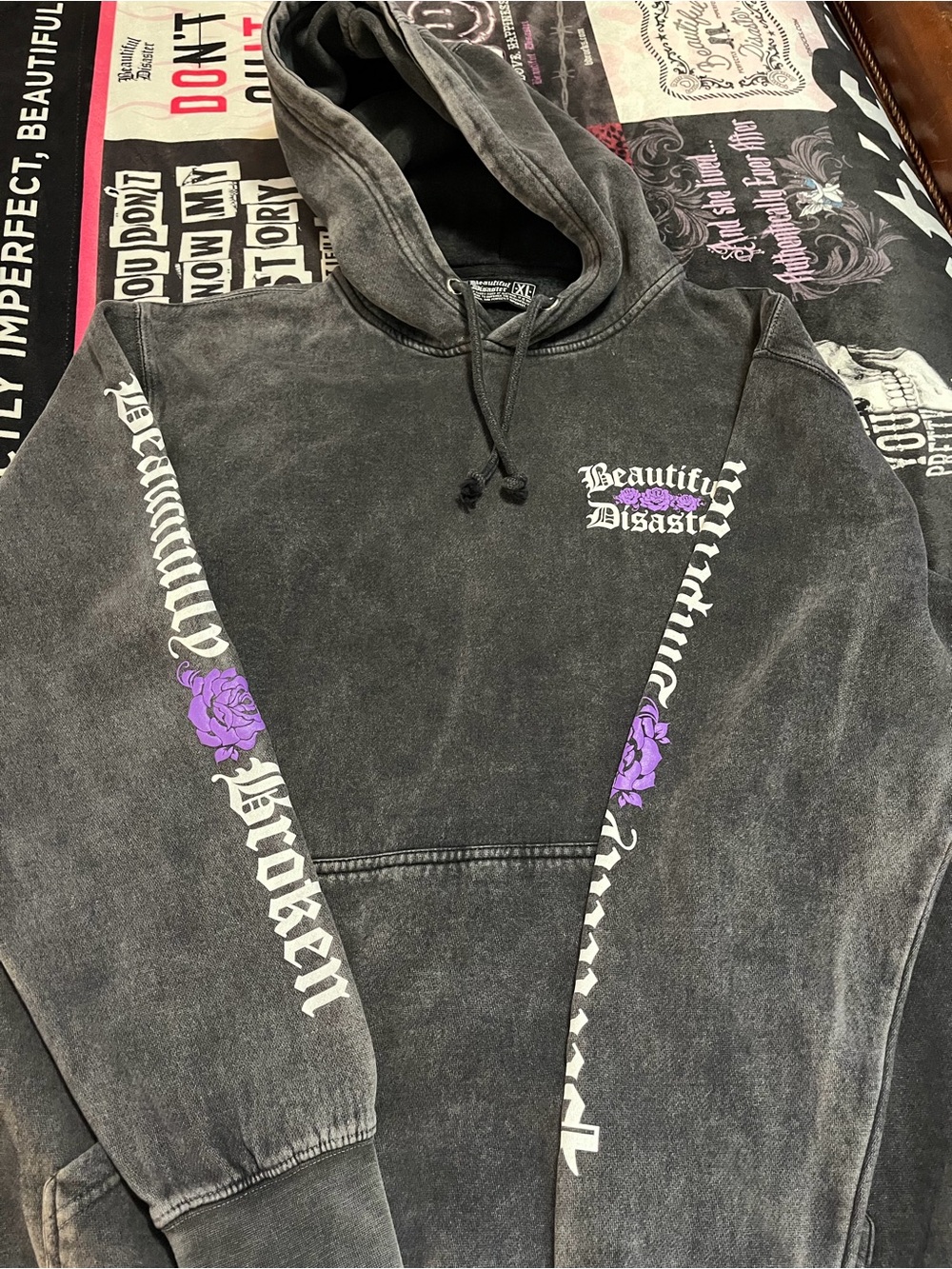 Beautiful Disaster Women's Black Washed Hoodie with Purple Rose Accents